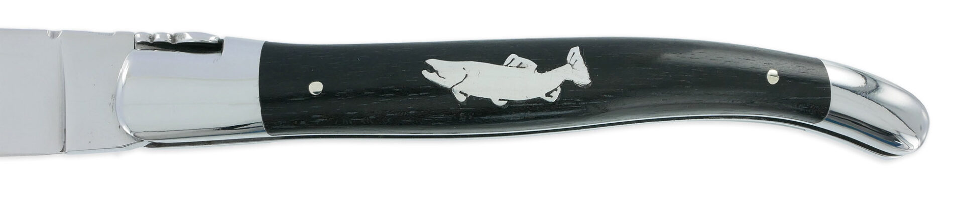 Laguiole Laguiole En Aubrac Knife 1 Piece 12 Cm Ebony Handle And Trout Marquetry In Tin 2 Shiny Stainless Steel Bolsters