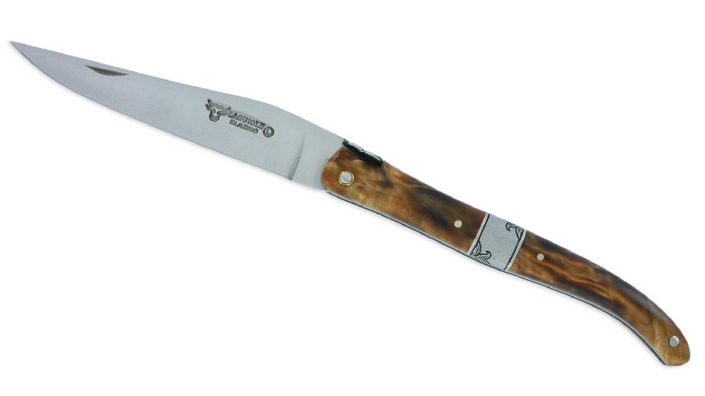 Laguiole Laguiole En Aubrac Knife 1 Piece 12 Cm Full Handle In Poplar Burr Chiselled Central Bolster In Brushed Stainless Steel