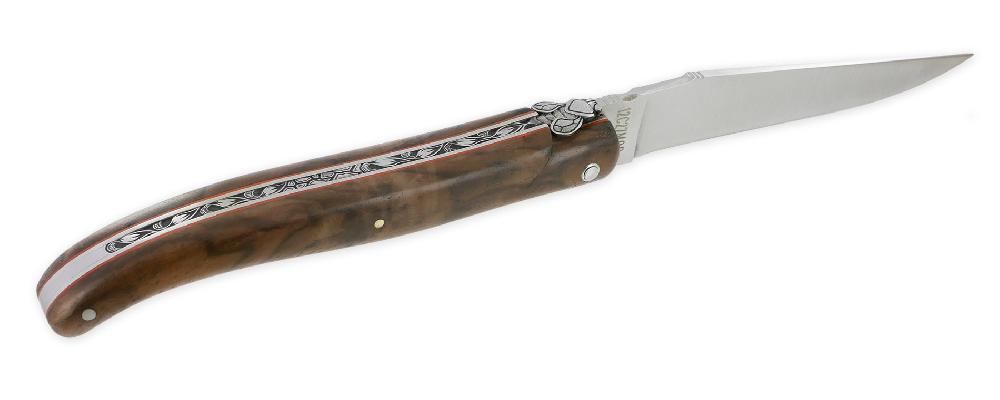 Laguiole Laguiole En Aubrac Knife 1 Piece 12 Cm Full Walnut Burl Handle Brushed Stainless Steel Finish Red Spacers Prestige Fly UNIQUE PIECE