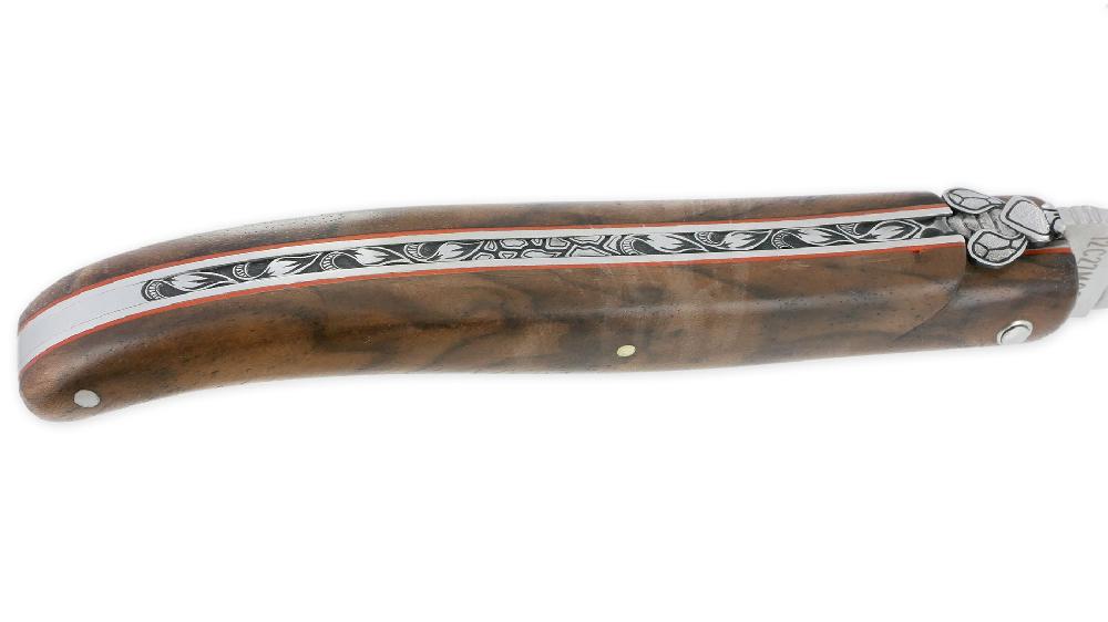 Laguiole Laguiole En Aubrac Knife 1 Piece 12 Cm Full Walnut Burl Handle Brushed Stainless Steel Finish Red Spacers Prestige Fly UNIQUE PIECE