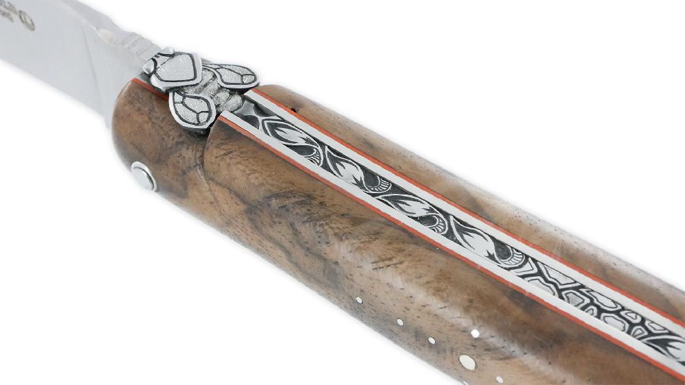 Laguiole Laguiole En Aubrac Knife 1 Piece 12 Cm Full Walnut Burl Handle Brushed Stainless Steel Finish Red Spacers Prestige Fly UNIQUE PIECE