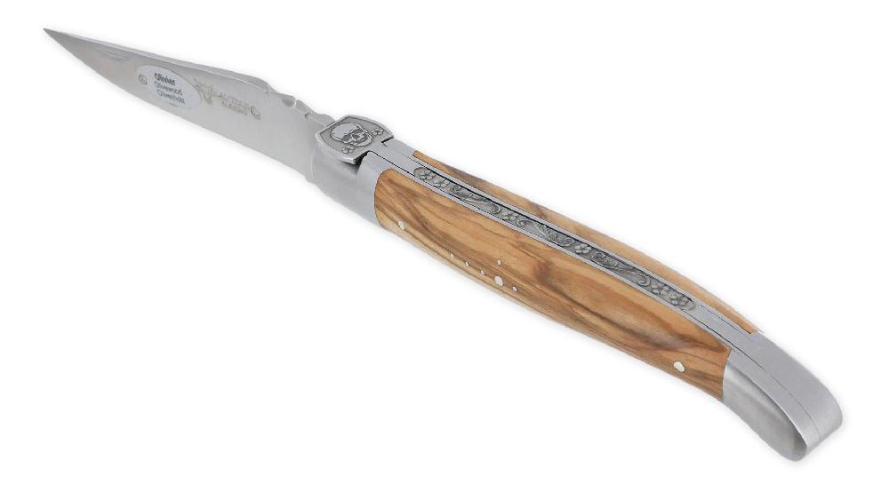 Laguiole Laguiole En Aubrac Knife 1 Piece 12 Cm Olivewood Handle Engraved Spring Forged Fly Prestige Skull 2 ​​Brushed Stainless Steel Bolsters