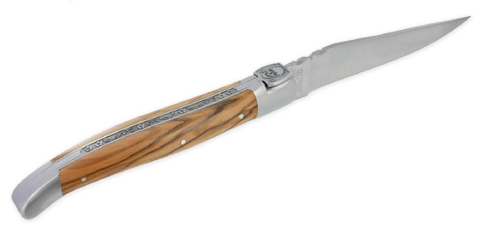 laguiole Laguiole en Aubrac Knife 1 Piece 12 cm Olivewood Handle Engraved Spring Forged Fly Prestige Skull 2 ​​Brushed Stainless Steel Bolsters