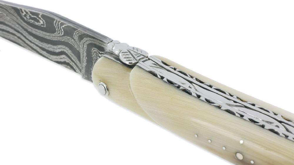 Laguiole Laguiole En Aubrac Knife 1 Piece 12cm 2 Full Handle Horn Tip Double Plates Laminated Damascus Blade