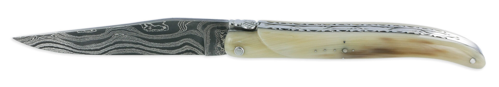 laguiole Laguiole en Aubrac knife 1 piece 12cm 2 Full Handle Horn Tip Double Plates Laminated Damascus Blade