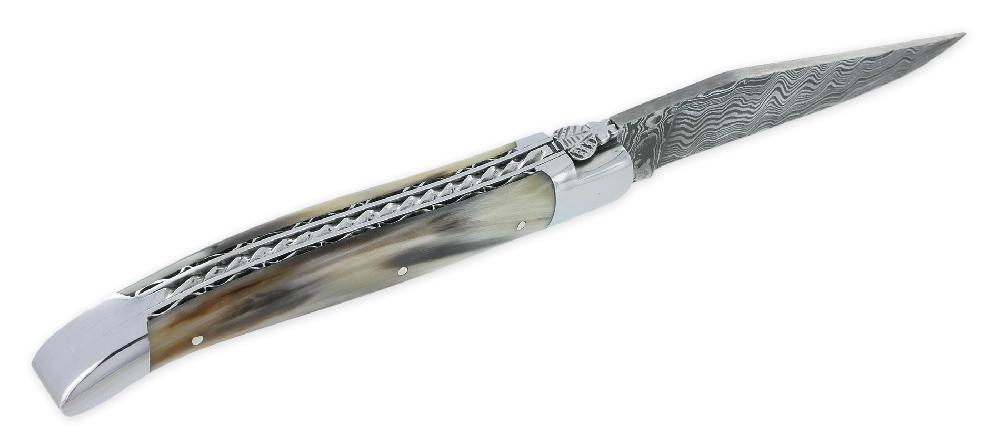 Laguiole Laguiole En Aubrac Knife 1 Piece 12cm 2 Shiny Stainless Steel Bolsters Spirale Spring Flamed Horn Tip Handle Double Hand-carved Plates Laminated Damascus Blade N°2