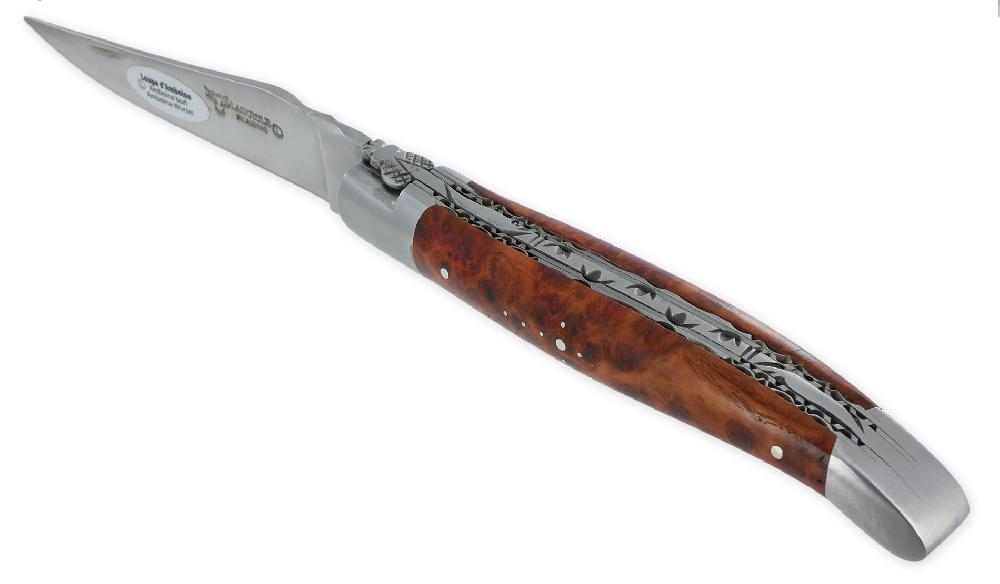 laguiole Laguiole en Aubrac knife 1 piece 12cm Amboyna Burl Handle 2 Bolsters Double Plates Num1
