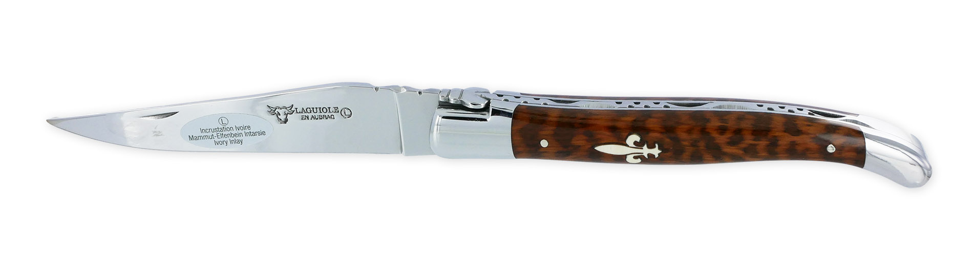 laguiole Laguiole en Aubrac knife 1 piece 12cm Amourette handle with Fleur de Lys Marquetry inlay in Mammoth Ivory 2 shiny stainless steel bolsters