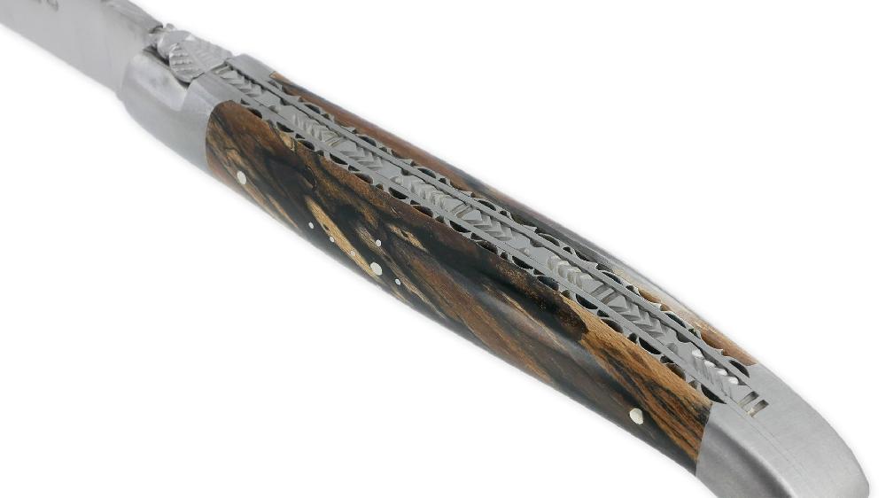 Laguiole Laguiole En Aubrac Knife 1 Piece 12cm Aubrac Wood Handle 2 Brushed Stainless Steel Bolsters Double Handcarved Plates And Spring Brushed Finish NUM4