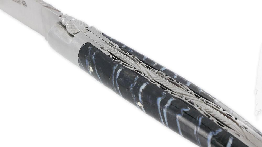 Laguiole Laguiole En Aubrac Knife 1 Piece 12cm Blue Mammoth Molar Handle 2 Brushed Stainless Steel Bolsters Double Plates And Guilloche Spring Brushed Finish