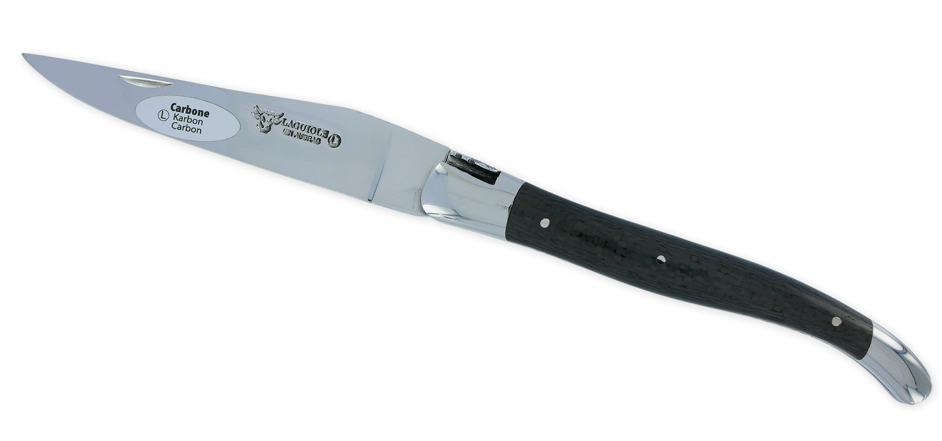 laguiole Laguiole en Aubrac knife 1 piece 12cm Carbon 2 Shiny Stainless Steel Bolsters Carved plates and spring Shiny finish