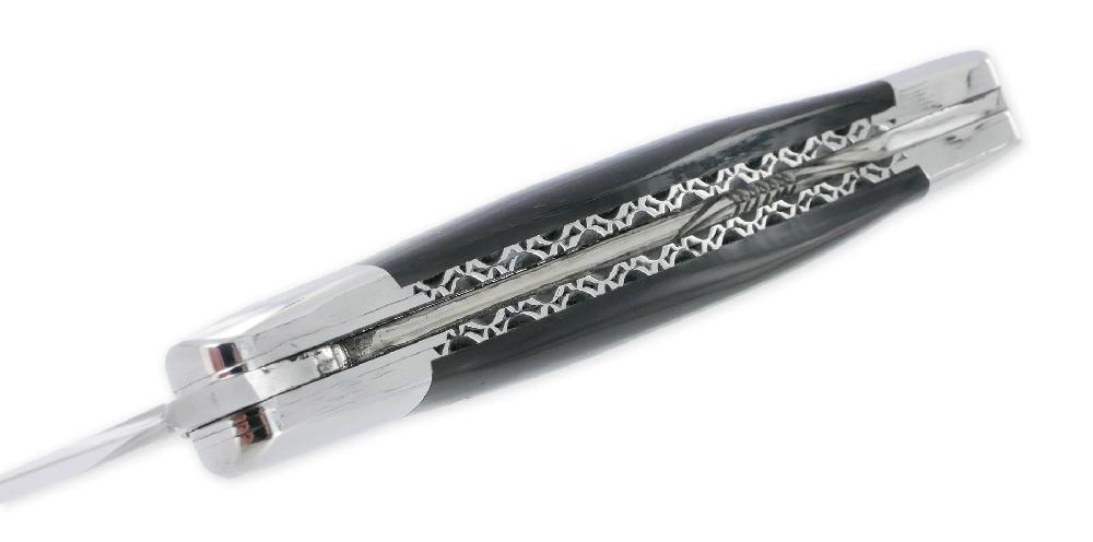 Laguiole Laguiole En Aubrac Knife 1 Piece 12cm Dark Horn Tip 2 Bright Stainless Steel Bolsters Double Plates And Handcarved Spiral Spring Shiny Finish