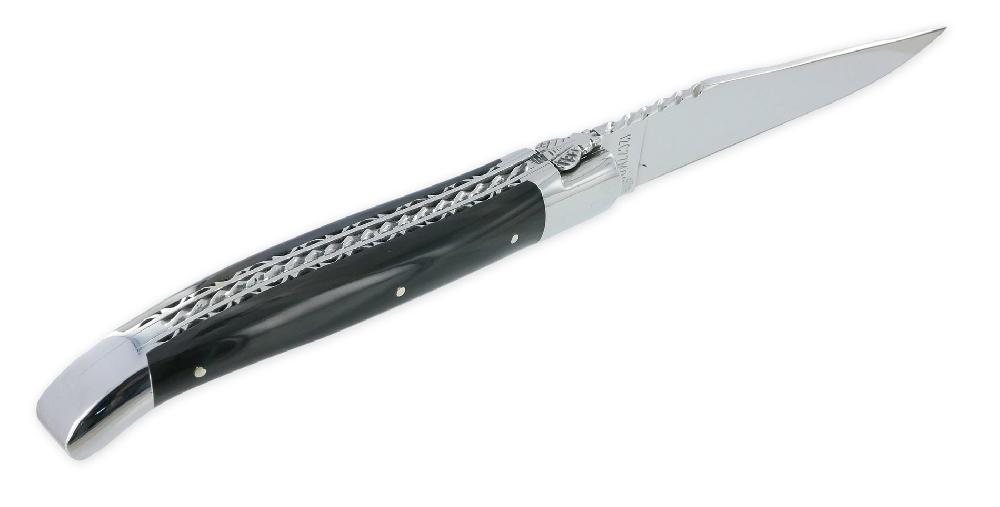 Laguiole Laguiole En Aubrac Knife 1 Piece 12cm Dark Horn Tip 2 Bright Stainless Steel Bolsters Double Plates And Handcarved Spiral Spring Shiny Finish