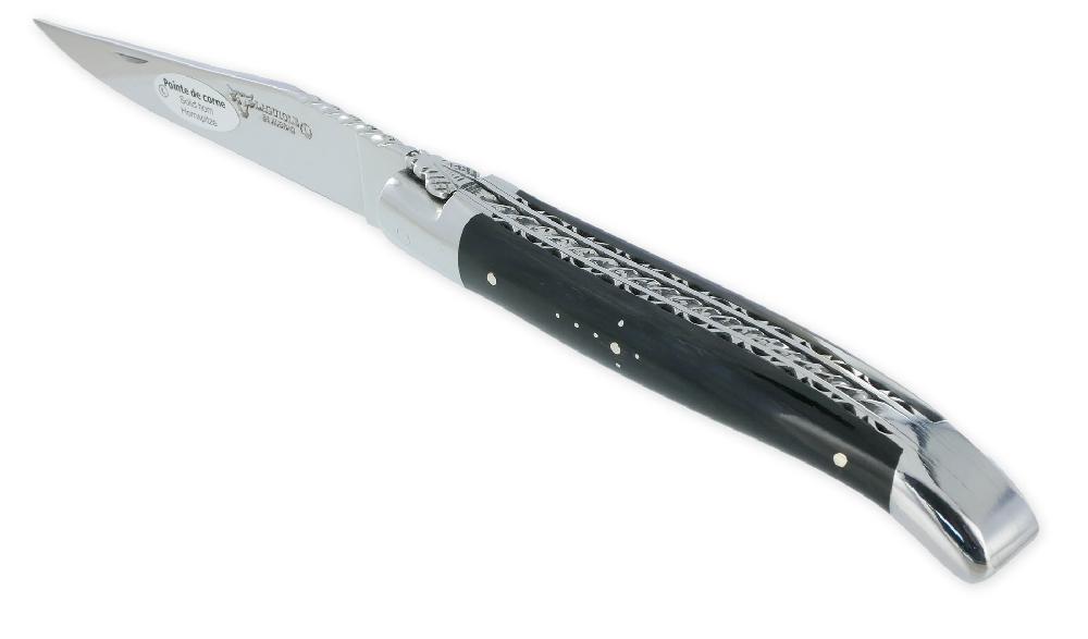 laguiole Laguiole en Aubrac knife 1 piece 12cm Dark Horn tip 2 Bright Stainless Steel Bolsters Double plates and handcarved spiral Spring Shiny finish