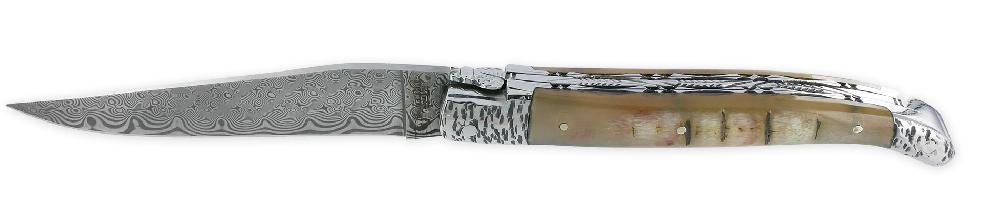 Laguiole Laguiole En Aubrac Knife 1 Piece 12cm Double Plates And Spring Hand-carved Ram’s Crust Handle 2 Hammered Bolsters Shiny Stainless Steel Damascus Blade