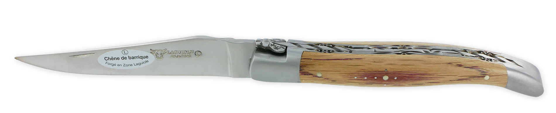 laguiole Laguiole en Aubrac knife 1 piece 12cm Double plates and spring Handcarved Barrel wood handle 2 brushed stainless steel bolsters Prestige fly