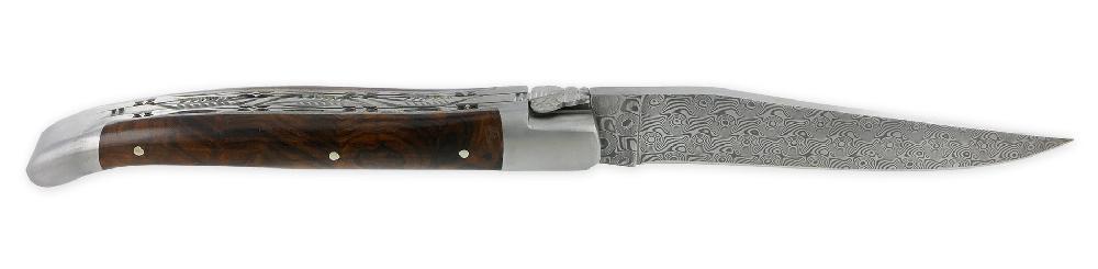 Laguiole Laguiole En Aubrac Knife 1 Piece 12cm Double Plates And Spring Handcarved Ironwood Burl Handle 2 Brushed Stainless Steel Bolsters Damascus Blade