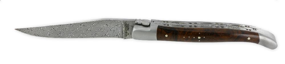 Laguiole Laguiole En Aubrac Knife 1 Piece 12cm Double Plates And Spring Handcarved Ironwood Burl Handle 2 Brushed Stainless Steel Bolsters Damascus Blade