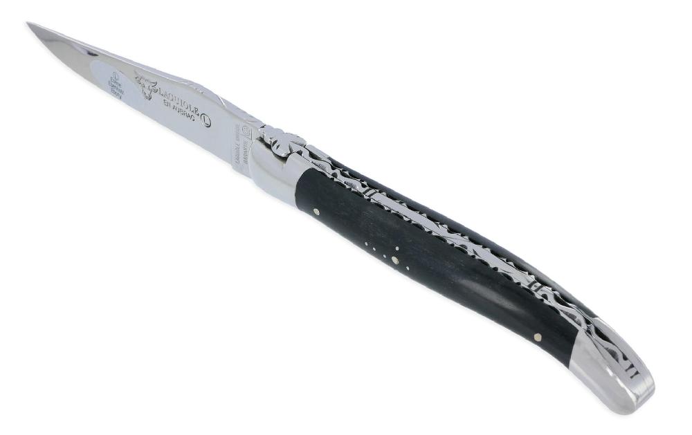 laguiole Laguiole en Aubrac knife 1 piece 12cm Ebony 2 Shiny Stainless Steel Bolsters Guilloche Plates and Spring Shiny Finish