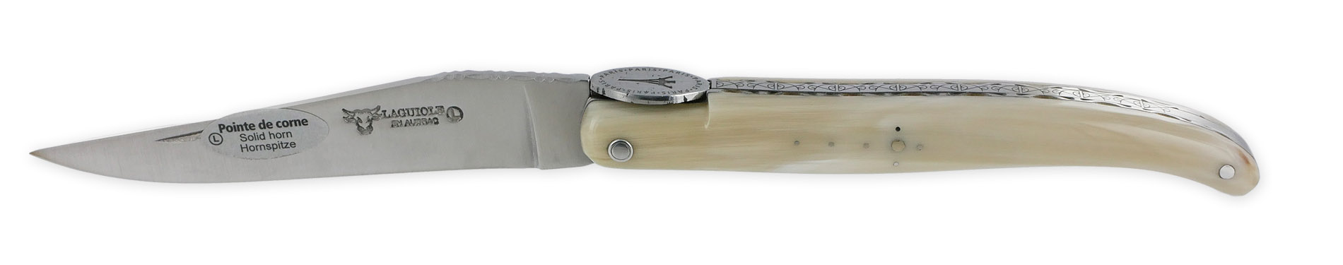 Laguiole Laguiole En Aubrac Knife 1 Piece 12cm Eiffel Tower Full Handle Horn Tip Brushed Stainless Steel Plates Guilloché Engraved Spring Flat Fly In The Shape Of A Medallion With The Eiffel Tower In The Center Brushed Finish L