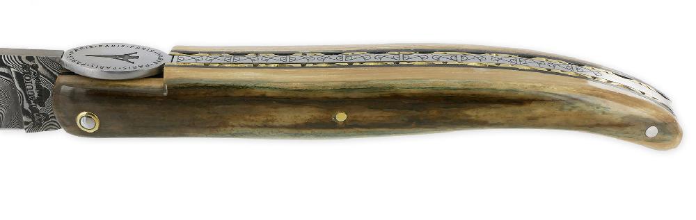 Laguiole Laguiole En Aubrac Knife 1 Piece 12cm Eiffel Tower Full Mammoth Ivory Crust Handle Brass Guilloche Plates Black Spacers Engraved Spring Flat Fly In The Shape Of A Medallion With The Eiffel Tower In The Center Brushed Fi
