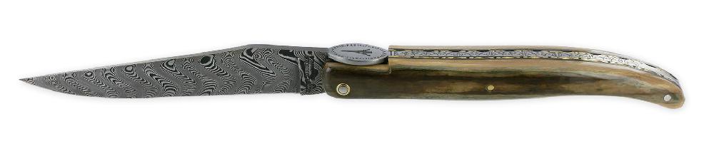 Laguiole Laguiole En Aubrac Knife 1 Piece 12cm Eiffel Tower Full Mammoth Ivory Crust Handle Brass Guilloche Plates Black Spacers Engraved Spring Flat Fly In The Shape Of A Medallion With The Eiffel Tower In The Center Brushed Fi