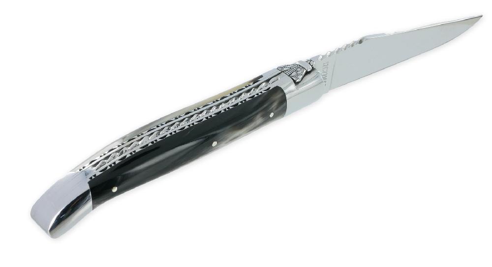 Laguiole Laguiole En Aubrac Knife 1 Piece 12cm Flamed Horn Tip 2 Bright Stainless Steel Bolsters Double Plates And Handcarved Spiral Spring Prestige Fly Shiny Finish NUM3