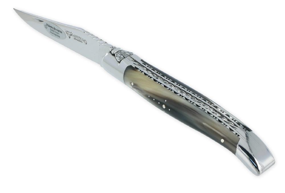 Laguiole Laguiole En Aubrac Knife 1 Piece 12cm Flamed Horn Tip 2 Bright Stainless Steel Bolsters Double Plates And Handcarved Spiral Spring Prestige Fly Shiny Finish NUM3