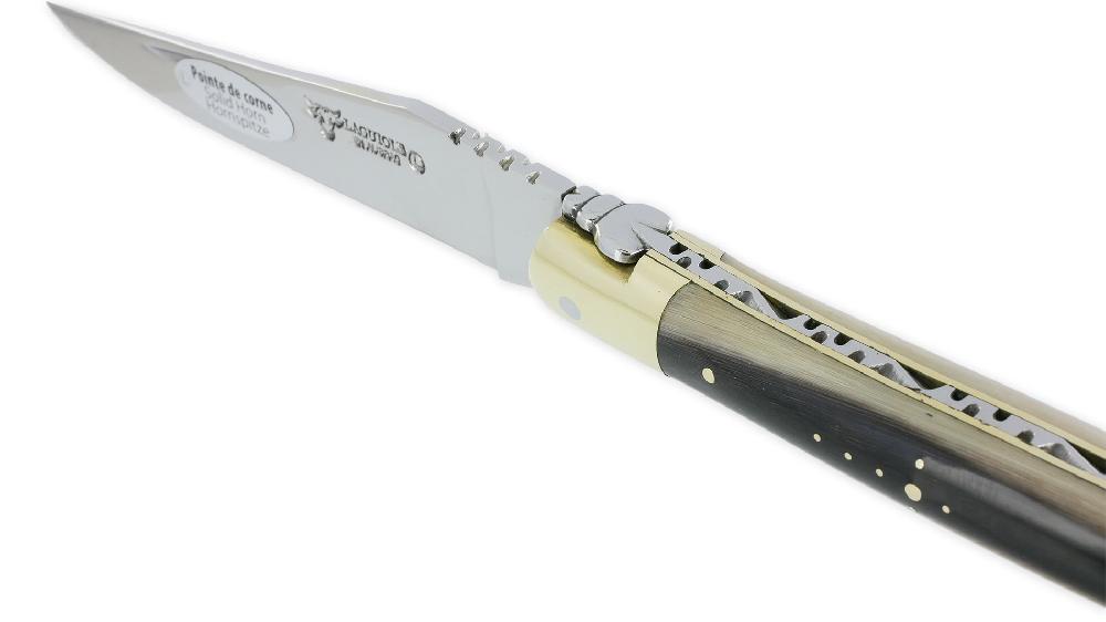 laguiole Laguiole en Aubrac knife 1 piece 12cm Flamed Horn Tip handle Shiny brass Bolsters and Plates Carved Spring