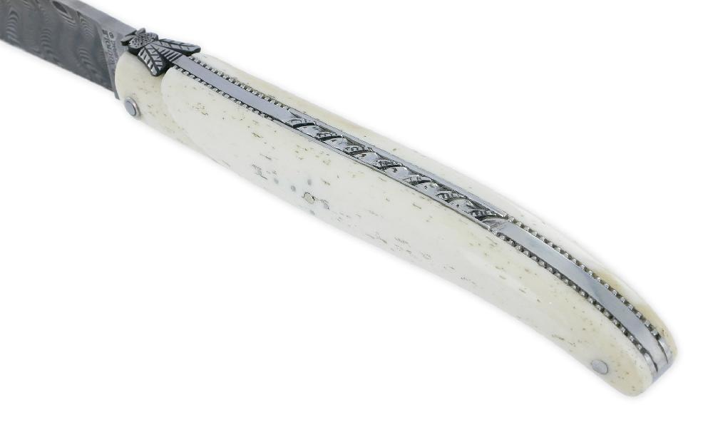 laguiole Laguiole en Aubrac knife 1 piece 12cm Full Bone Handle Beaded Plates Carved Spring Damascus Balbach Blade Prestige Fly N°12