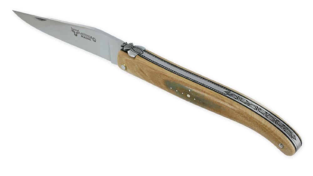 Laguiole Laguiole En Aubrac Knife 1 Piece 12cm Full Handle In Blued Mammoth Ivory Crust Guilloché Plates Black Spacers Carved Spring And Customizable Prestige Fly Brushed Finish