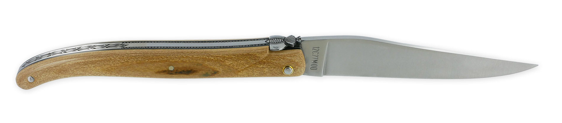 laguiole Laguiole en Aubrac knife 1 piece 12cm Full handle in blued mammoth ivory crust Guilloché plates Black spacers Carved spring and customizable Prestige fly Brushed finish