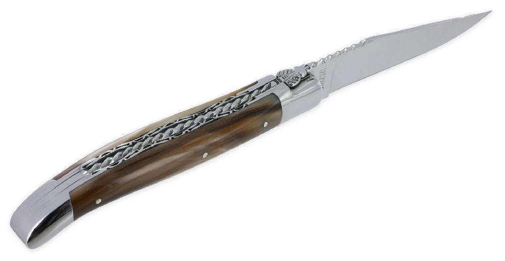 Laguiole Laguiole En Aubrac Knife 1 Piece 12cm Horn Tip 2 Bright Stainless Steel Bolsters Double Plates And Handcarved Spiral Spring Shiny Finish NUM5
