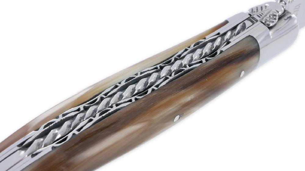 Laguiole Laguiole En Aubrac Knife 1 Piece 12cm Horn Tip 2 Bright Stainless Steel Bolsters Double Plates And Handcarved Spiral Spring Shiny Finish NUM5