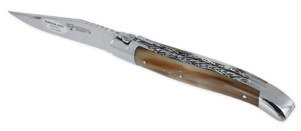 laguiole Laguiole en Aubrac knife 1 piece 12cm Horn tip 2 Bright Stainless Steel Bolsters Double plates and handcarved spiral Spring Shiny finish NUM5