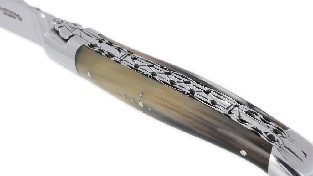 Laguiole Laguiole En Aubrac Knife 1 Piece 12cm Horn Tip Handle Blonde 2 Double Bolsters And Handcarved Spring Num4