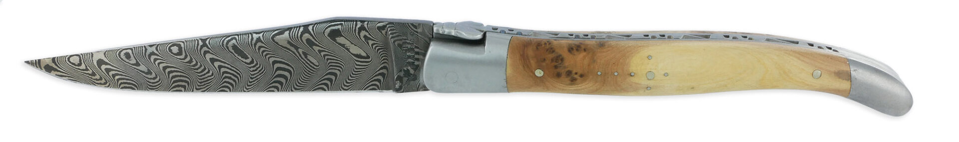 Laguiole Laguiole En Aubrac Knife 1 Piece 12cm Juniper Handle 2 Brushed Stainless Steel Bolsters Balbach Damascus Blade