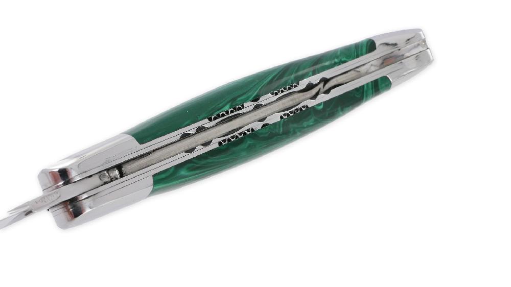 Laguiole Laguiole En Aubrac Knife 1 Piece 12cm Malachite Stone Handle 2 Shiny Stainless Steel Bolsters Double Blades And Guilloche Spring Shiny Finish
