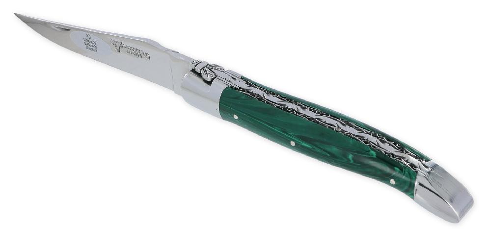 Laguiole Laguiole En Aubrac Knife 1 Piece 12cm Malachite Stone Handle 2 Shiny Stainless Steel Bolsters Double Blades And Guilloche Spring Shiny Finish