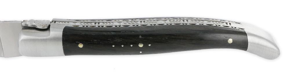 Laguiole Laguiole En Aubrac Knife 1 Piece 12cm Morta Handle Double Plates And Guilloché Spring 2 Bolsters Prestige Forged Fly Brushed Finish