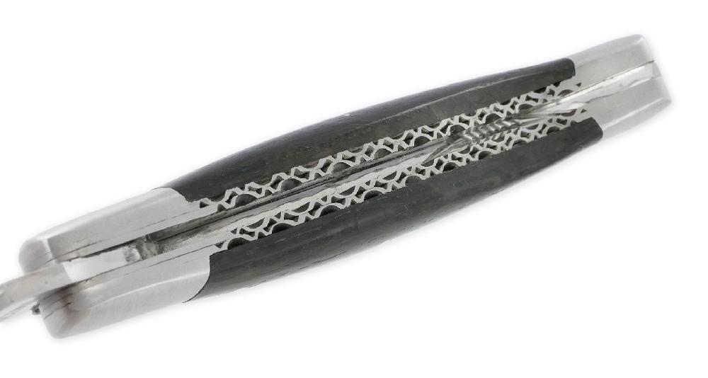 Laguiole Laguiole En Aubrac Knife 1 Piece 12cm Morta Handle Double Plates And Guilloché Spring 2 Bolsters Prestige Forged Fly Brushed Finish