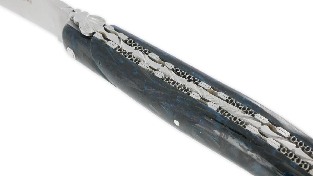 Laguiole Laguiole En Aubrac Knife 1 Piece 12cm Pearly Blue Glitter Carbon Handle Full Handle Brushed Finish Double Plates