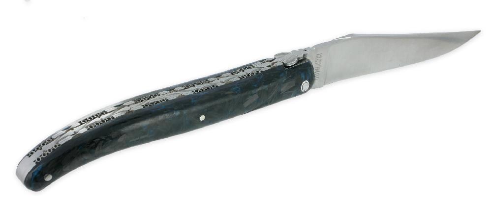 Laguiole Laguiole En Aubrac Knife 1 Piece 12cm Pearly Blue Glitter Carbon Handle Full Handle Brushed Finish Double Plates