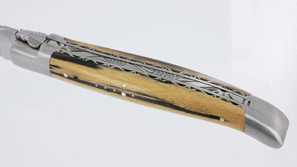 Laguiole Laguiole En Aubrac Knife 1 Piece 12cm Royal Ebony Handle Double Plates And Guilloché Spring 2 Bolsters Forged Fly Brushed Finish