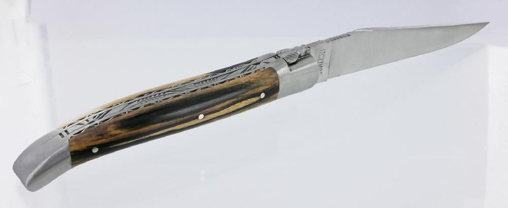 Laguiole Laguiole En Aubrac Knife 1 Piece 12cm Royal Ebony Handle Double Plates And Guilloché Spring 2 Bolsters Forged Fly Brushed Finish