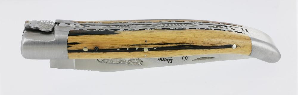 Laguiole Laguiole En Aubrac Knife 1 Piece 12cm Royal Ebony Handle Double Plates And Guilloché Spring 2 Bolsters Forged Fly Brushed Finish