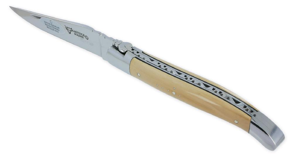 Laguiole Laguiole En Aubrac Knife 1 Piece 12cm Smooth Mammoth Ivory Crust Handle Black Spacers 2 Bright Stainless Steel Bolsters