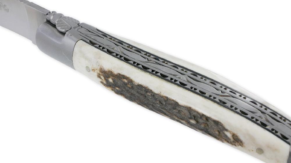 Laguiole Laguiole En Aubrac Knife 1 Piece 12cm Stag Horn Handle Brushed Stainless Steel Bolsters Double Guilloche Plates And Spring Brushed Finish NUM1