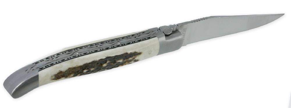 Laguiole Laguiole En Aubrac Knife 1 Piece 12cm Stag Horn Handle Brushed Stainless Steel Bolsters Double Guilloche Plates And Spring Brushed Finish NUM1