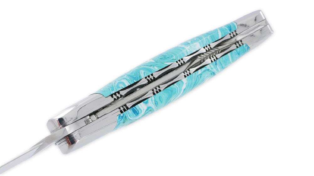 Laguiole Laguiole En Aubrac Knife 1 Piece 12cm Stone Larimar Handle 2 Bright Stainless Steel Bolsters Double Plates And Spring Handcarved Bright Finish